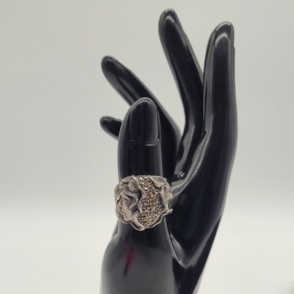 VINTAGE STERLING SILVER RETRO CARVED LADY FACE MARCASITE WIDE BAND RING … - Picture 5 of 5